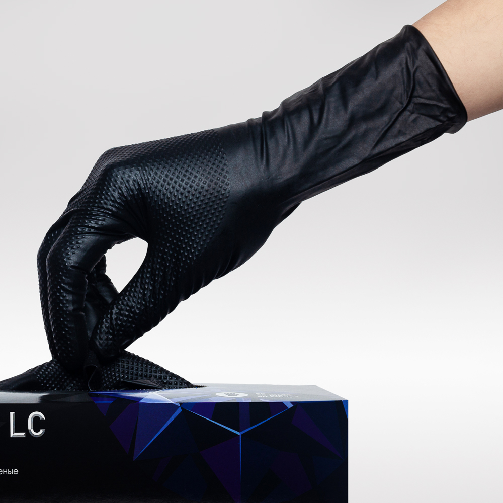 Перчатки нитриловые Black Sapfir LC неопудренные, химически стойкие, рифленые, удлиненная манжета