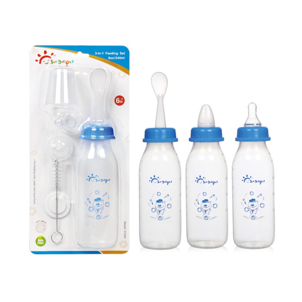 Бутылочка для кормления Sundelight пластиковая, набор насадок (ложечка,соска,мягкий наконечник,щетка)