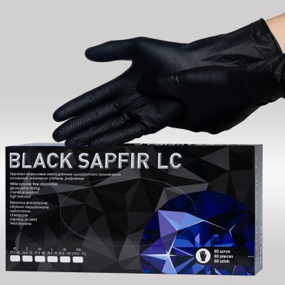 Перчатки нитриловые Black Sapfir LC неопудренные, химически стойкие, рифленые, удлиненная манжета